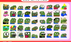 Viele verschiedene Twitch Emotes sehen, die den beliebten Frosch Pepe darstellen, in lustigen und emotionalen Posen.