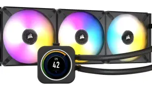 Ein AIO mit Display zeigt drei Lüfter mit RGB-Beleuchtung und eine CPU-Temperatur von 42°C.