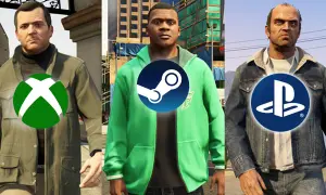Michael, Franklin und Trevor von GTA 5 mit Logos von Xbox, Steam und PlayStation. Ein Wunschtraum für GTA 5 Crossplay.