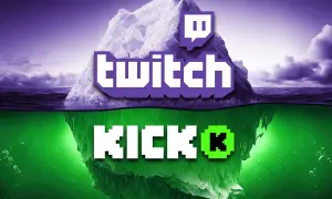 Eisberg mit Twitch-Logo oben, darunter das Wort "KICK" in leuchtendem Grün. Ein Symbol für den Aufstieg neuer Streaming-Plattformen.
