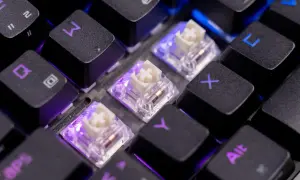 Nahaufnahme von mechanischen Tastenschaltern, die zeigen, was die besten Switches für dein Gaming-Setup sind. Lila Beleuchtung.