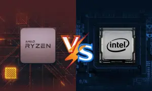 AMD Ryzen vs. Intel i5: Ein Duell der Prozessoren. Links der AMD Ryzen, rechts der Intel i5, beide auf ihren jeweiligen Mainboards.
