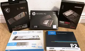 Mehrere NVMe SSDs mit PCIe 4.0 Speed, darunter MSI Spatium M480, HP EX950, Samsung 980 Pro und Crucial P2.