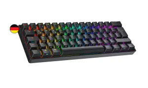 Kompakte deutsche 60%-Tastatur mit RGB-Beleuchtung. Sie hat 61 Tasten, ideal für platzsparende Setups.