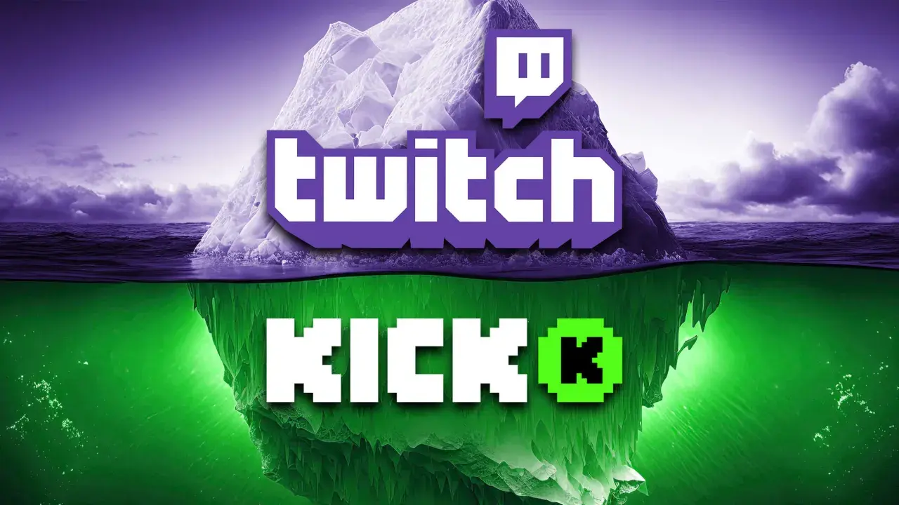 Eisberg mit Twitch-Logo oben, darunter das Wort "KICK" in leuchtendem Grün. Ein Symbol für den Aufstieg neuer Streaming-Plattformen.